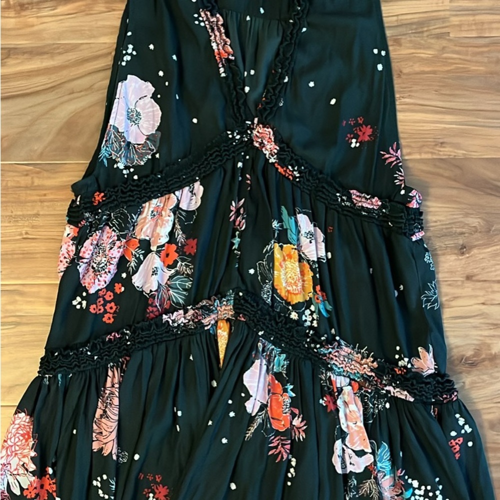 Free People Black Floral Asymmetrical Tiered Maxi Dress